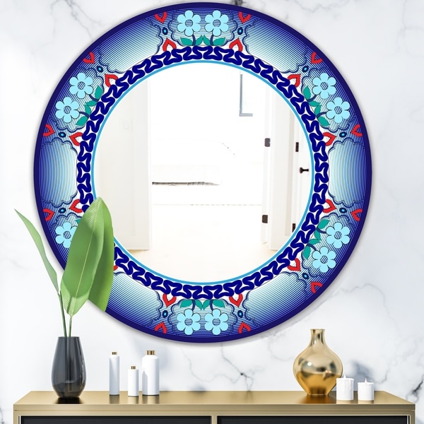 Designart 'Royal Blue Flowers and Zigzags' Mid-Century Mirror - Oval or Round Wall Mirror