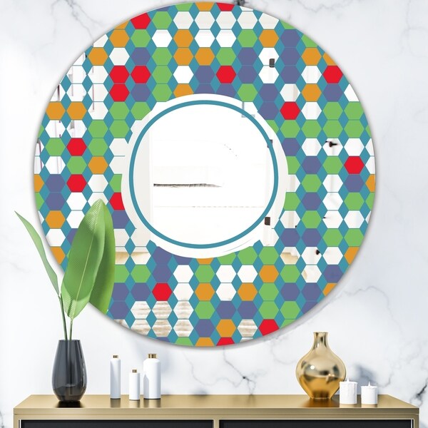 Designart 'Colored Hexagons On Blue' Mid-Century Mirror - Oval and Circle Decorative Mirror - Green