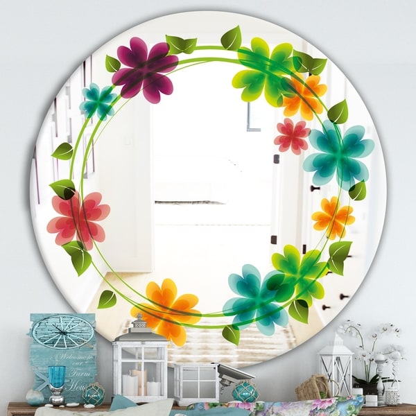 Designart 'Flowers With Heart Petals' Cabin and Lodge Mirror - Oval or Round Wall Mirror - Green