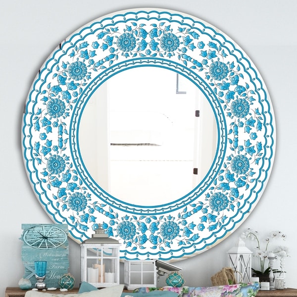 Designart 'Blue Traditional Flower Pattern' Cabin and Lodge Mirror - Oval or Round Wall Mirror - Blue