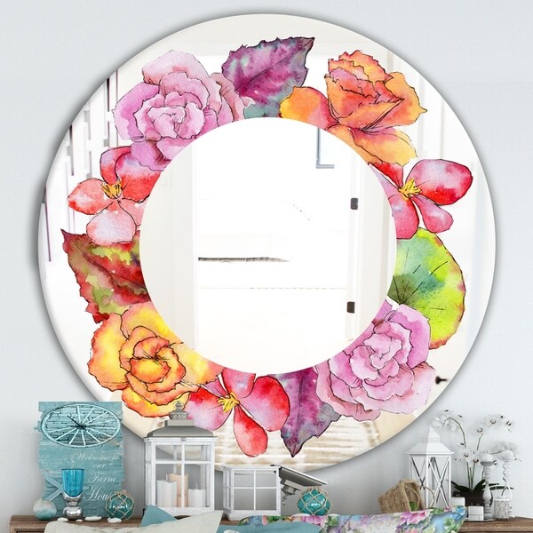 Designart 'Wildflower In A Watercolor Style.' Farmhouse Mirror - Oval or Round Vanity Mirror - Pink