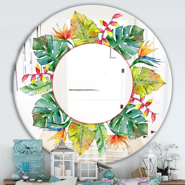 Designart 'Tropical HawaII Leaves In A Watercolor Style.' Cabin and Lodge Mirror - Oval or Round Decorative Mirror - Green