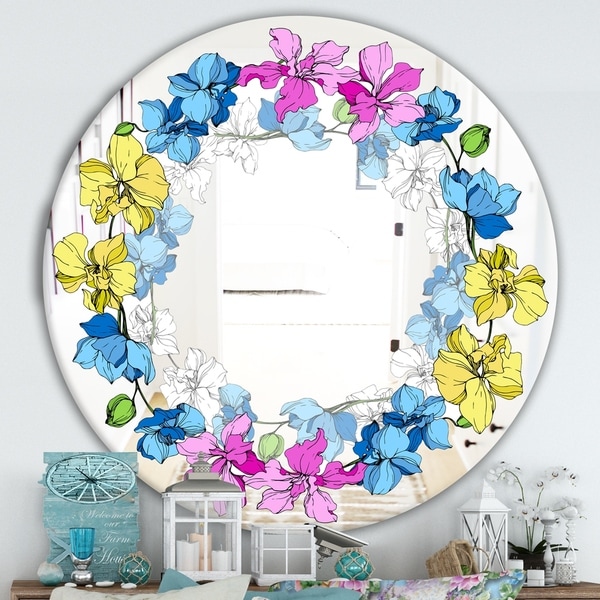 Designart 'Yellow Blue and Pink Orchids' Cabin and Lodge Mirror - Oval or Round Wall Mirror - Purple