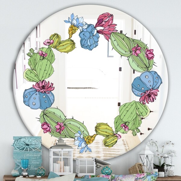 Designart 'Cactus 1' Farmhouse Mirror - Oval or Round Wall Mirror - Green