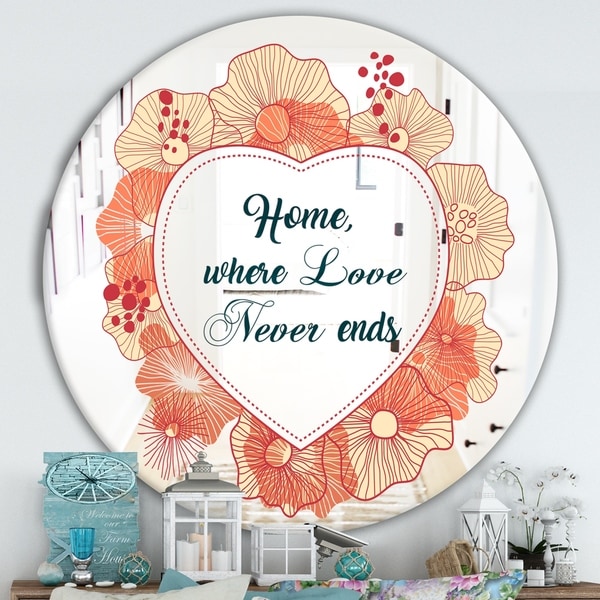 Designart 'Home Where Love Never Ends. Flower Heart' Cabin and Lodge Mirror - Round Wall Mirror - Multi