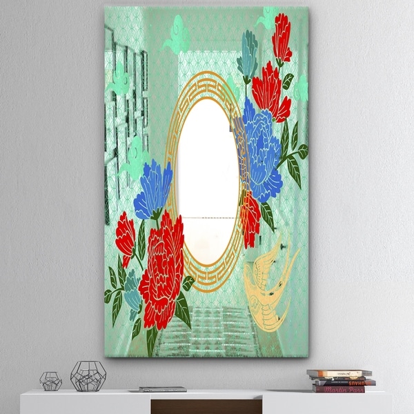 Designart 'Chinese Style With Peony' Mid-Century Mirror - Decorative Mirror - Red