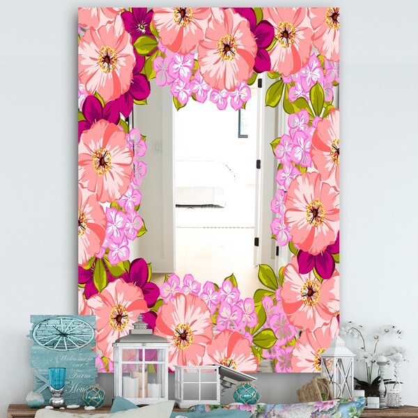 Designart 'Garland Vivid 7' Farmhouse Mirror - Wall Mirror - Pink