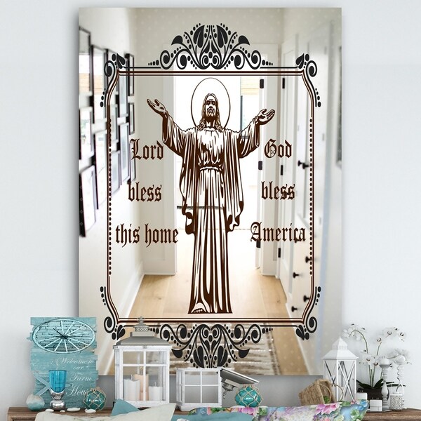 Designart 'Lord Bless America and This Home' Cabin and Lodge Mirror - Large Wall Mirror - Multi