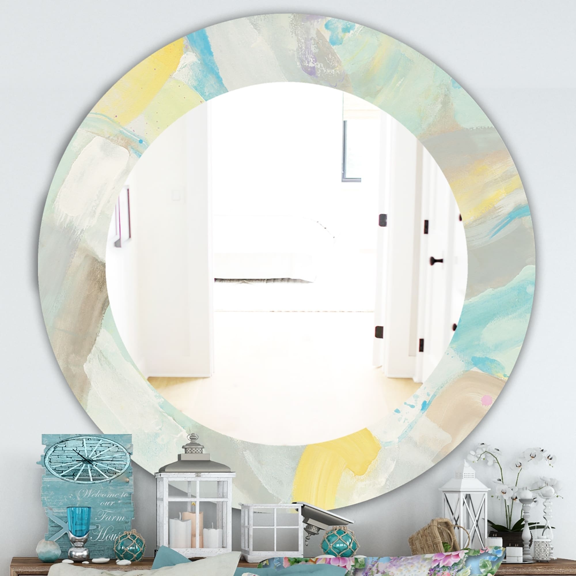 Designart Abstract Compositions Of Pastel Blue And Green Modern Mirror Frameless Oval Or Round Wall Mirror