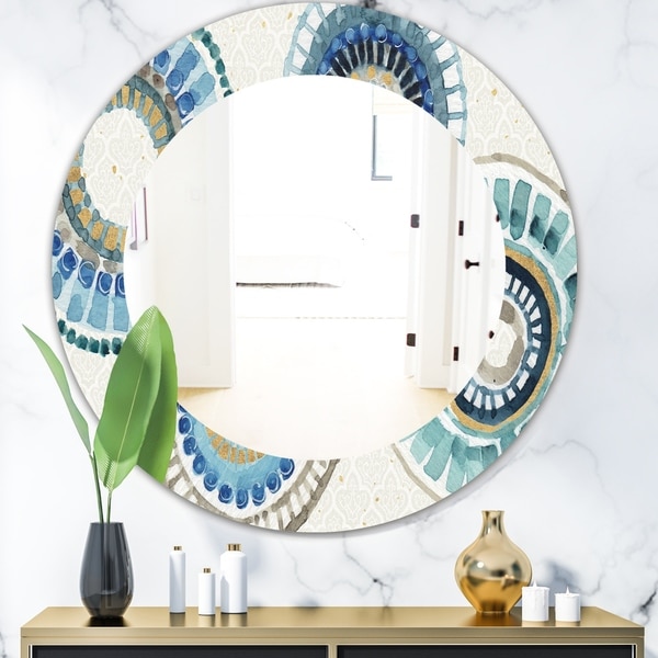 Designart 'Modern Gold Timetable II' Mid-Century Mirror - Frameless Oval or Round Wall Mirror - Blue