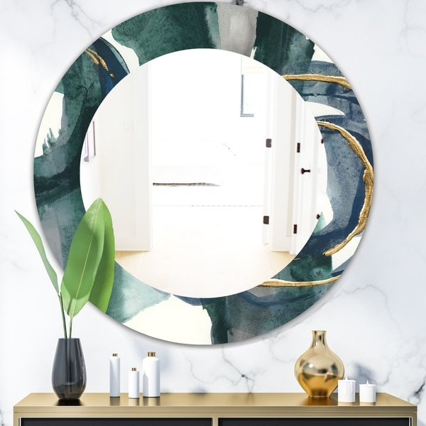 Designart 'Mettalic Indigo and Gold III' Glam Wall Mirror - Frameless Oval or Round Wall Mirror - Blue