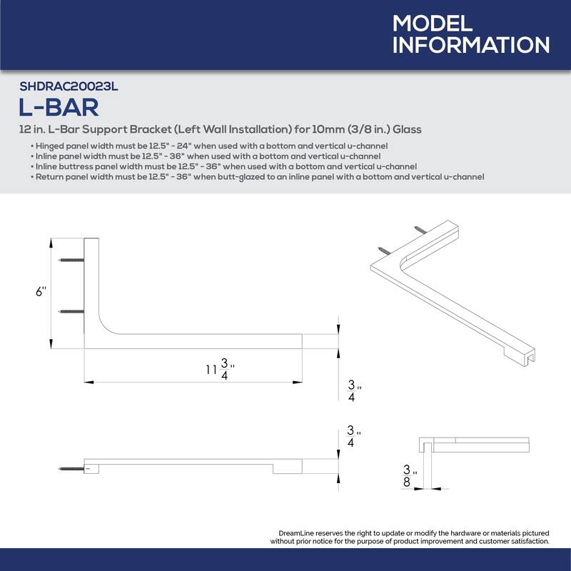 12 in. L-Bar Support Bracket for 3/8 in. Glass, Left Wall Installation