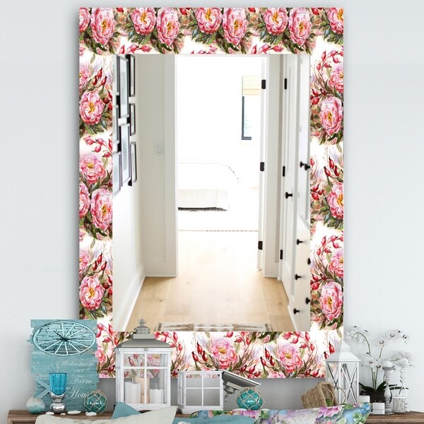 Designart 'Pink Blossom 1' Farmhouse Mirror - Frameless Vanity Mirror - White