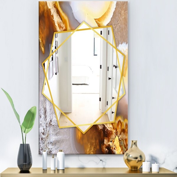 Designart 'Natural Brown Agate At Crystals' Modern Mirror - Frameless Contemporary Wall Mirror - Gold