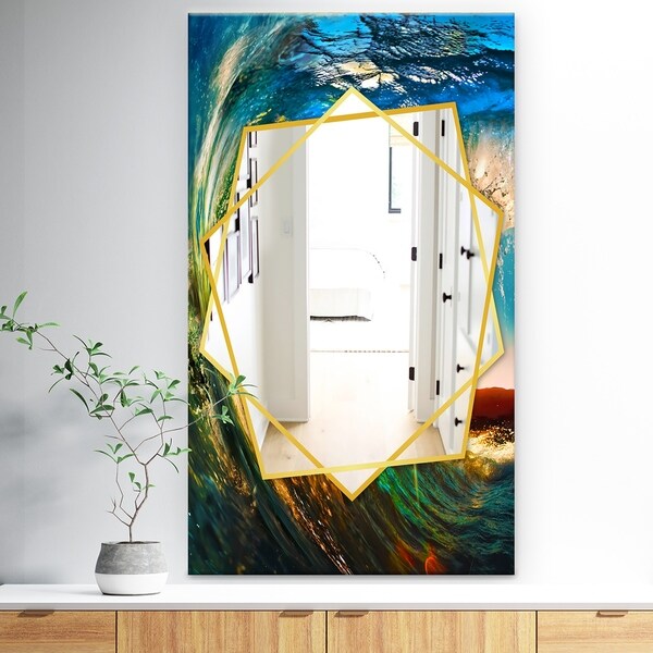 Designart 'Colored Ocean Waves Falling Down' Traditional Mirror - Frameless Wall Mirror - Blue