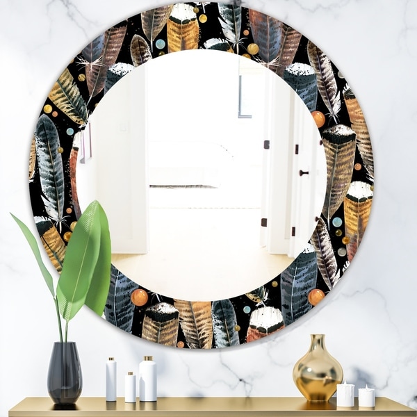 Designart 'Feathers 1' Bohemian and Eclectic Mirror - Frameless Oval or Round Wall Mirror