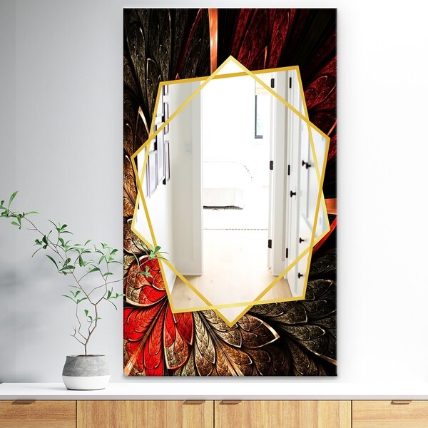 Designart 'Fractal Flower In Yellow and Red' Traditional Mirror - Frameless Wall Mirror - Red