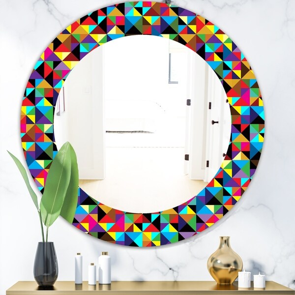 Designart 'Triangular Colourfields 1' Modern Mirror - Frameless Oval or Round Wall Mirror - Multi
