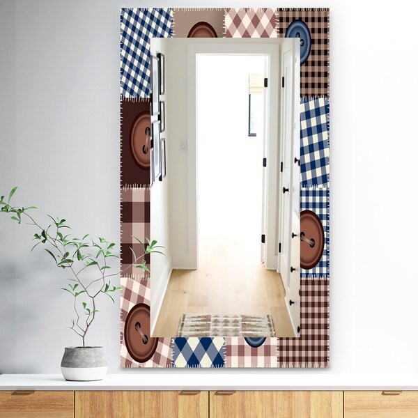 Designart 'Buttons On Squared Patchwork' Traditional Mirror - Frameless Wall Mirror - Brown