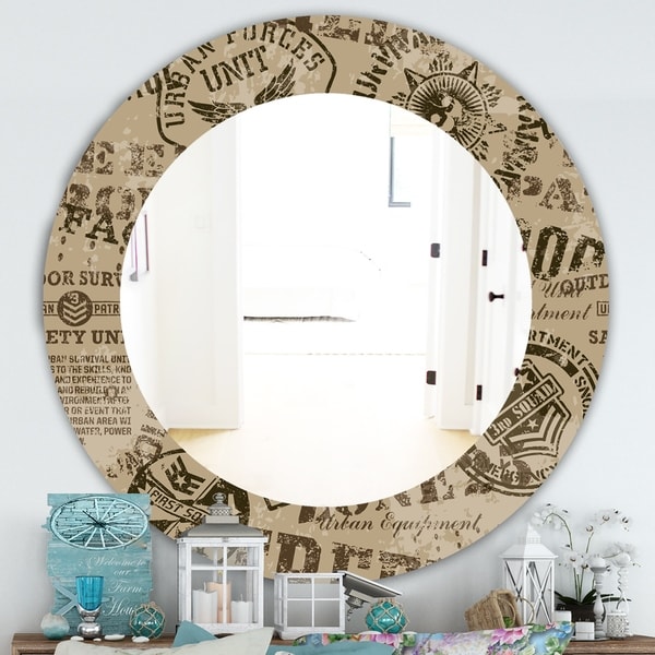 Designart 'Military Badges Vintage' Traditional Mirror - Frameless Oval or Round Wall Mirror - Brown