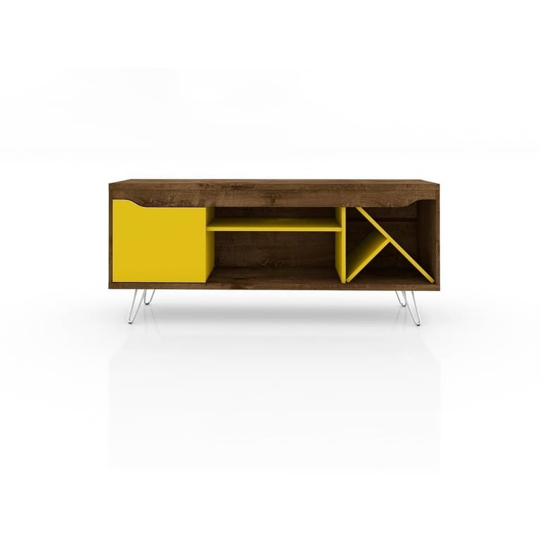 Baxter Mid Century- Modern 53.54 In. Wine Rack Media Cabinet Console - Rustic Brown and Yellow