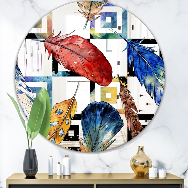 Designart 'Elementary Botanicals 6' Mid-Century Mirror - Oval or Round Wall Mirror - Blue