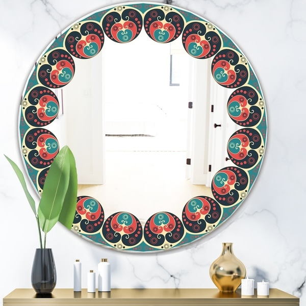 Designart 'Blue and Orange Pattern' Mid-Century Mirror - Oval or Round Wall Mirror - Blue