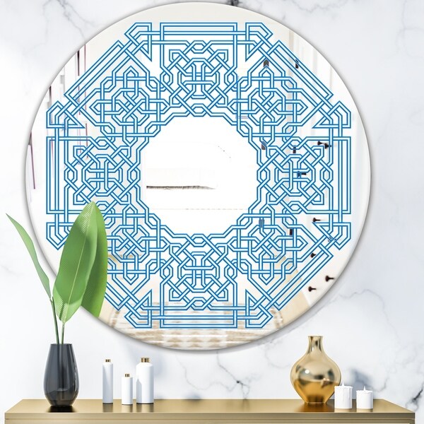 Designart 'Blue Maze Shape' Mid-Century Mirror - Oval or Round Wall Mirror - Blue