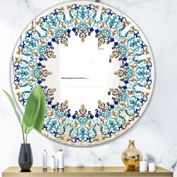 Designart 'Blue and Brown Design' Bohemian and Eclectic Mirror - Oval or Round Wall Mirror - Blue