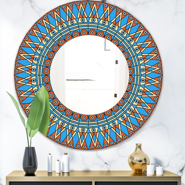 Designart 'Orange and Blue Pattern' Mid-Century Mirror - Oval or Round Decorative Mirror