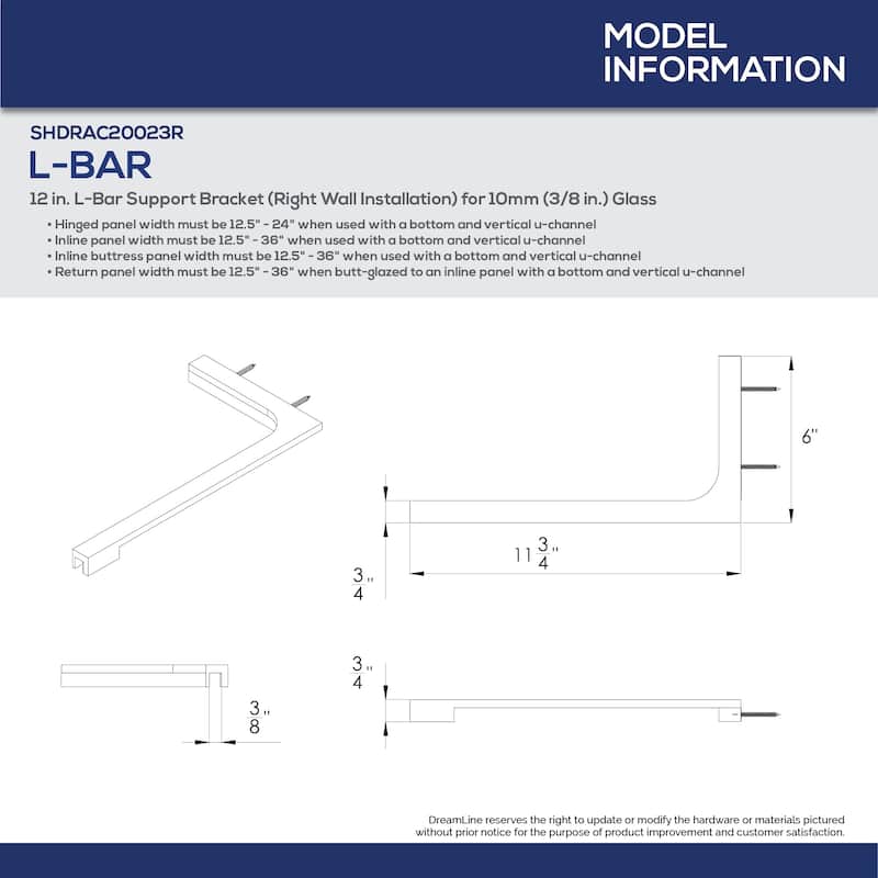 12 in. L-Bar Support Bracket for 3/8 in. Glass, Right Wall Installation