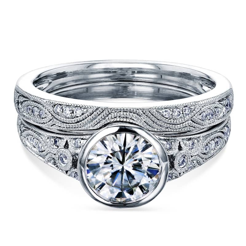 Annello by Kobelli 14k White Gold 1 1/10ct TGW Bezel Moissanite and Diamond Vintage Bridal Set, Low Setting