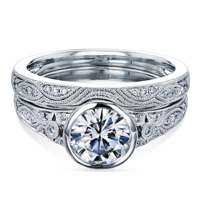 Annello by Kobelli 14k White Gold 1 1/10ct TGW Bezel Moissanite and Diamond Vintage Bridal Set, Low Setting