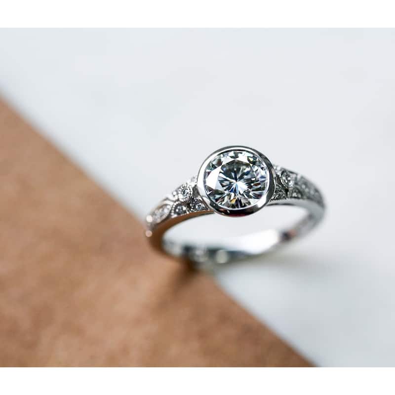 Annello by Kobelli 14k White Gold 1 1/10ct TGW Bezel Moissanite and Diamond Vintage Bridal Set, Low Setting
