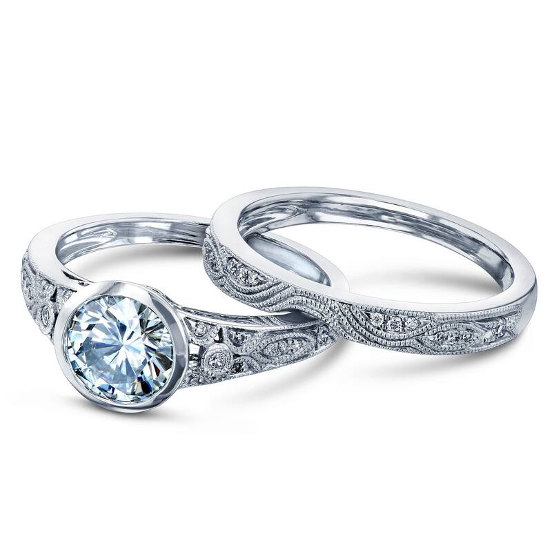 Annello by Kobelli 14k White Gold 1 1/10ct TGW Bezel Moissanite and Diamond Vintage Bridal Set, Low Setting