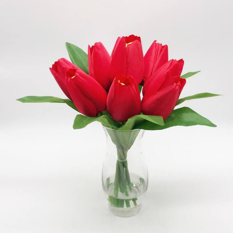Enova Home Artificial Silk Tulips Fake Flowers Centerpiece in Clear Glass Vase with Faux Water for Home Office Decor