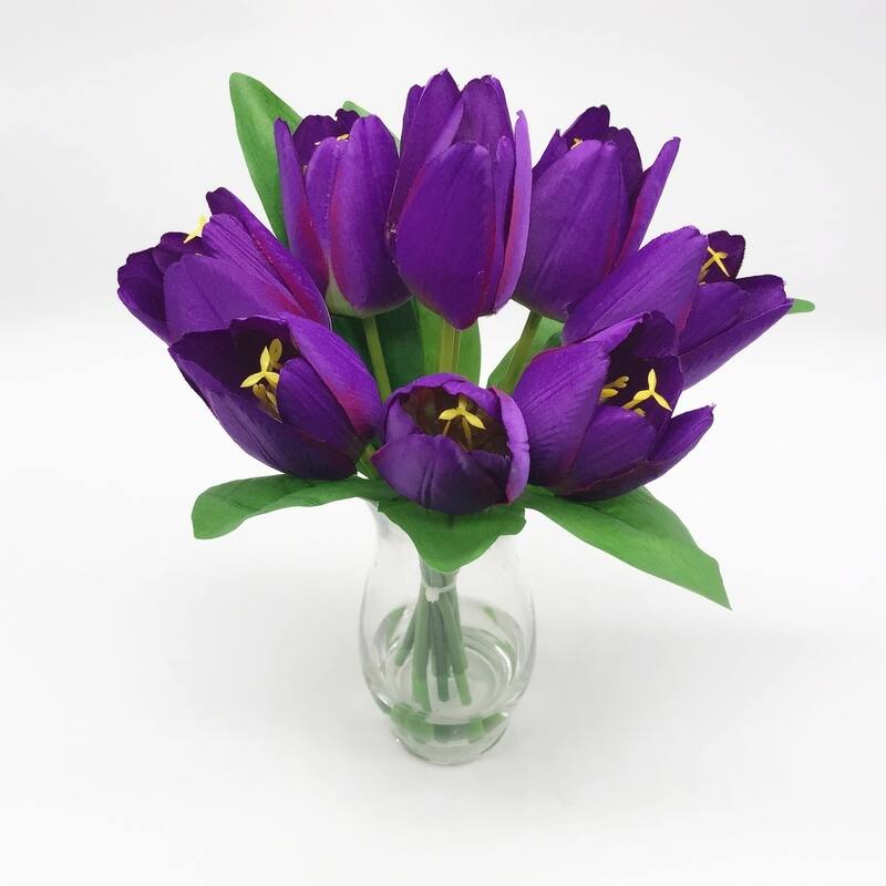 Enova Home Artificial Silk Tulips Fake Flowers Centerpiece in Clear Glass Vase with Faux Water for Home Office Decor