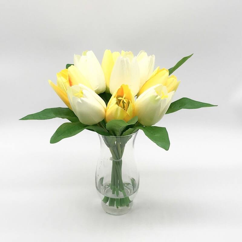 Enova Home Artificial Silk Tulips Fake Flowers Centerpiece in Clear Glass Vase with Faux Water for Home Office Decor