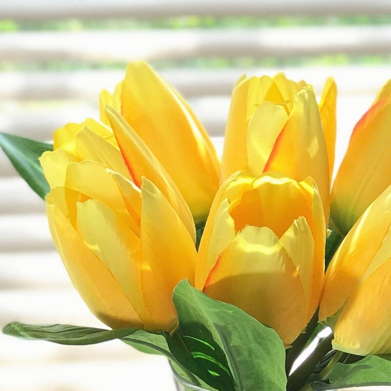 Enova Home Artificial Silk Tulips Fake Flowers Centerpiece in Clear Glass Vase with Faux Water for Home Office Decor