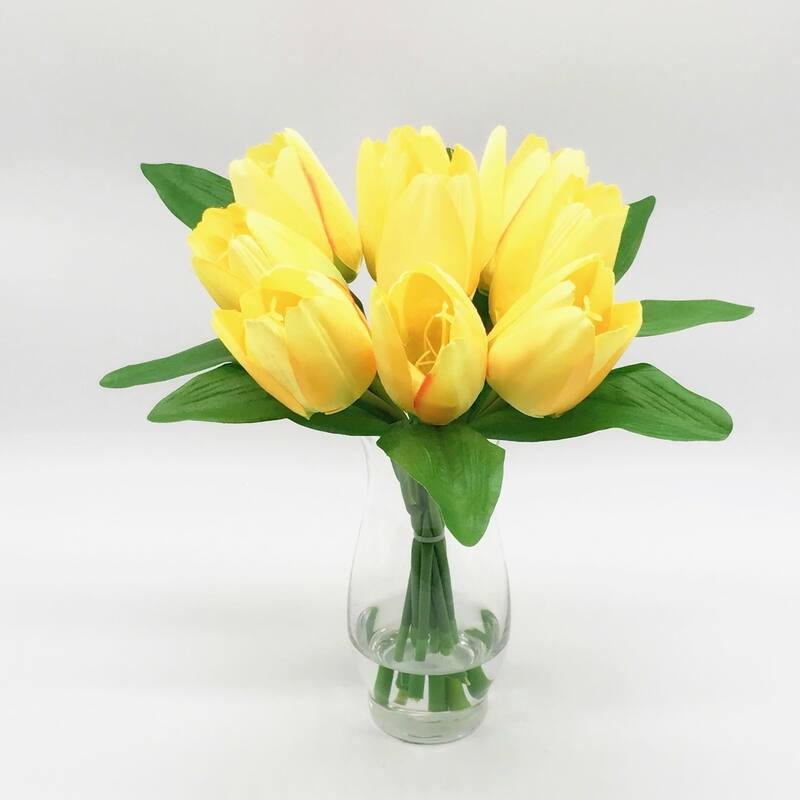 Enova Home Artificial Silk Tulips Fake Flowers Centerpiece in Clear Glass Vase with Faux Water for Home Office Decor