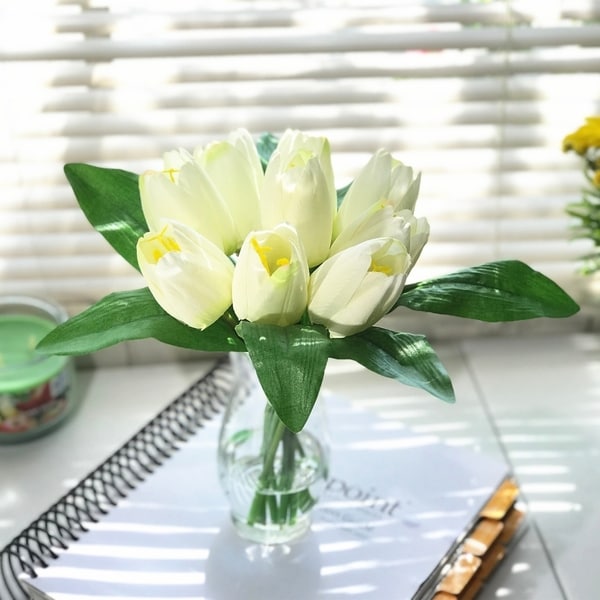 Enova Home Silk Tulips Centerpiece in Clear Glass Vase with Faux Water. Opens flyout.