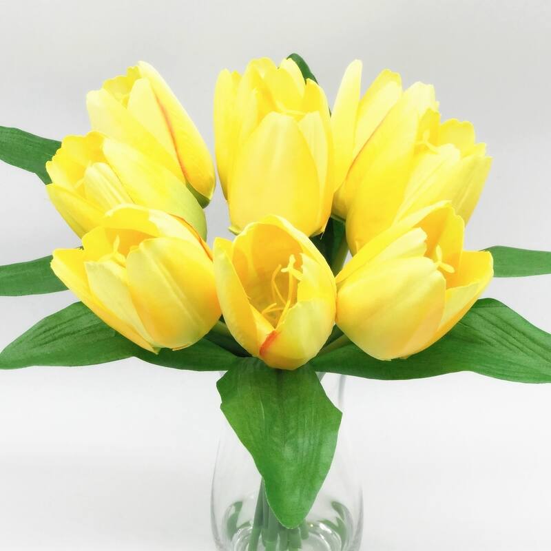 Enova Home Artificial Silk Tulips Fake Flowers Centerpiece in Clear Glass Vase with Faux Water for Home Office Decor