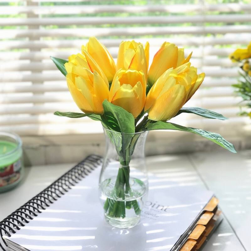 Enova Home Artificial Silk Tulips Fake Flowers Centerpiece in Clear Glass Vase with Faux Water for Home Office Decor - Yellow