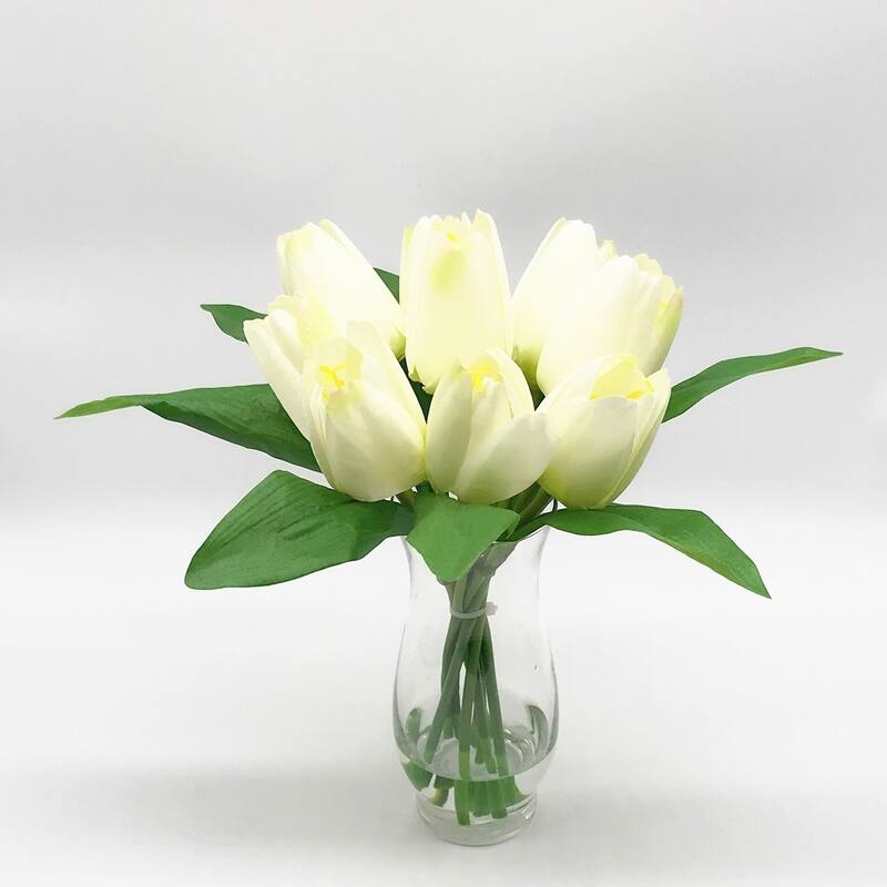 Enova Home Artificial Silk Tulips Fake Flowers Centerpiece in Clear Glass Vase with Faux Water for Home Office Decor