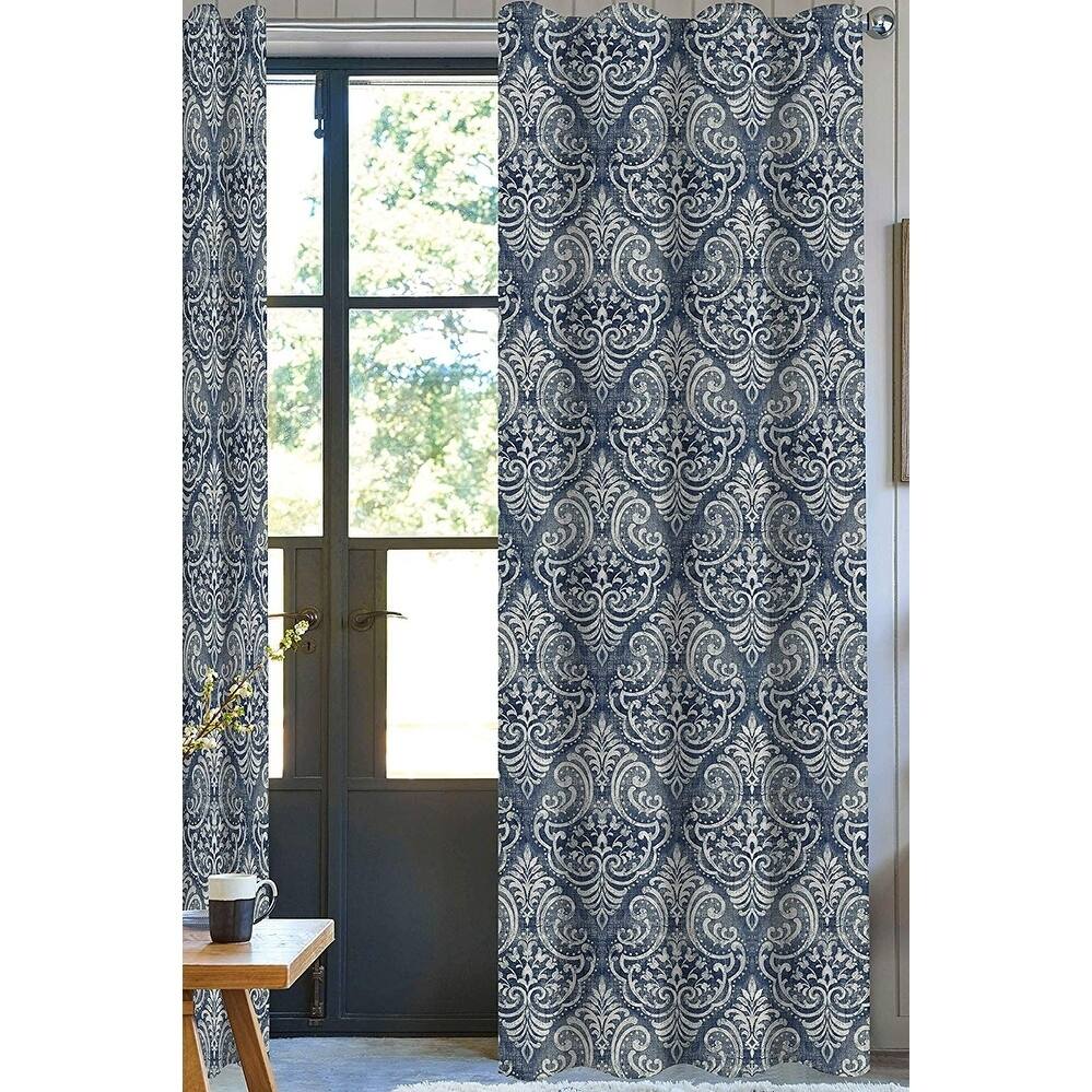 100% Organic Cotton Royal Damask Designer Drapery Panel Set of 2,Blue