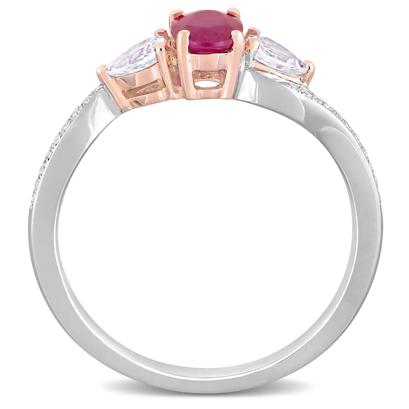 Miadora 14k White and Rose Gold Ruby White Sapphire and Diamond 3-Stone Engagement Ring