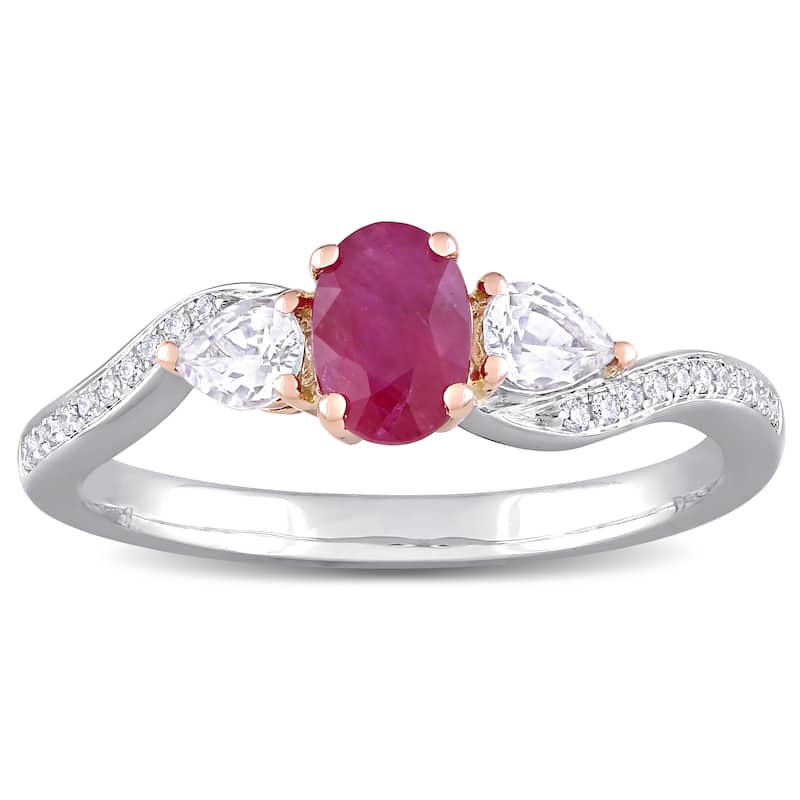Miadora 14k White and Rose Gold Ruby White Sapphire and Diamond 3-Stone Engagement Ring