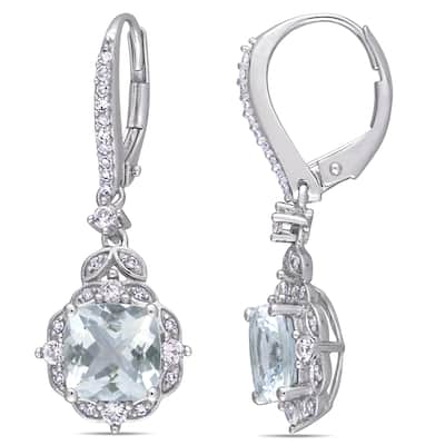 Miadora 14k White Gold Aquamarine White Sapphire and 1/6ct TDW Diamond Vintage Halo Drop Earrings