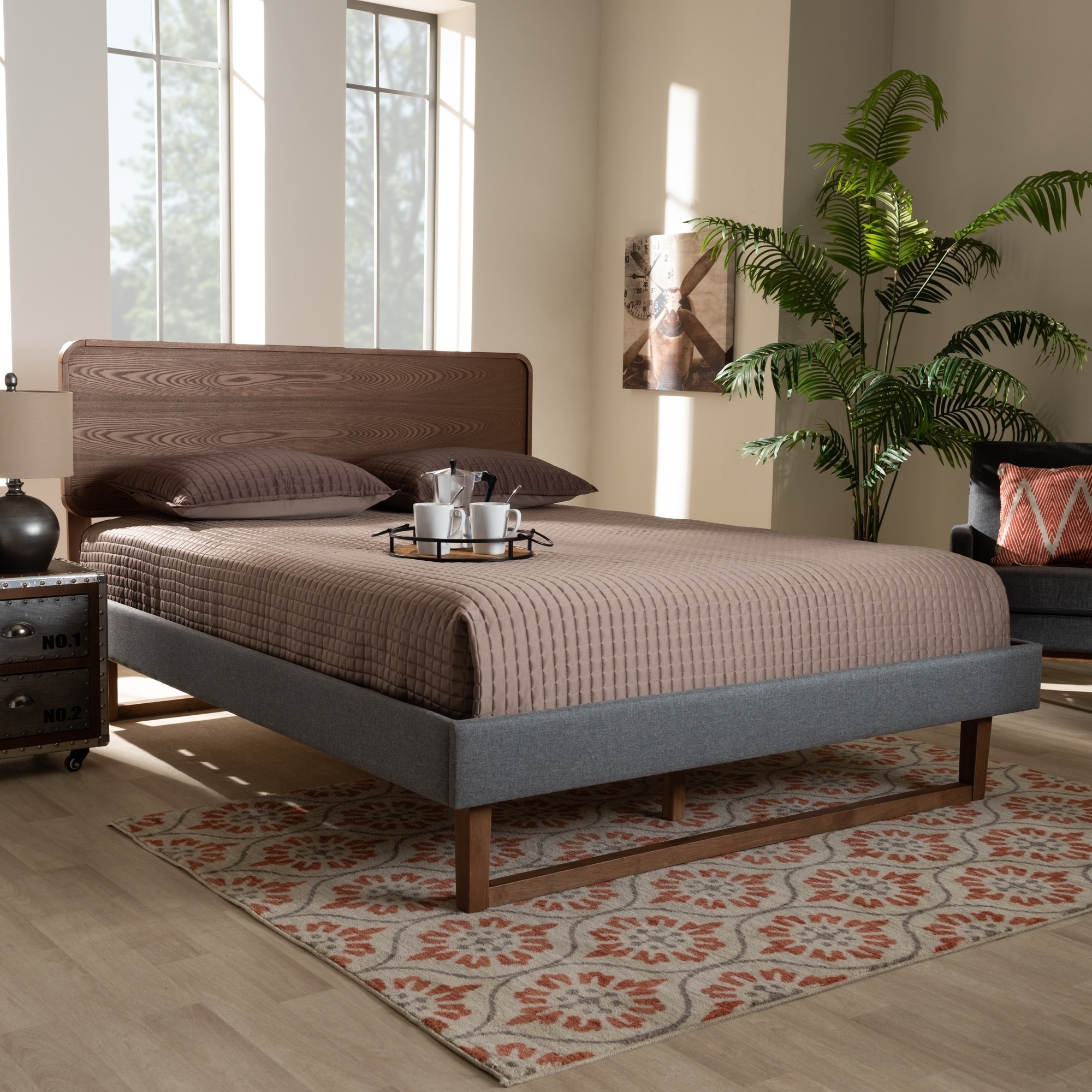 Mid-Century Walnut Wood Platform Bed