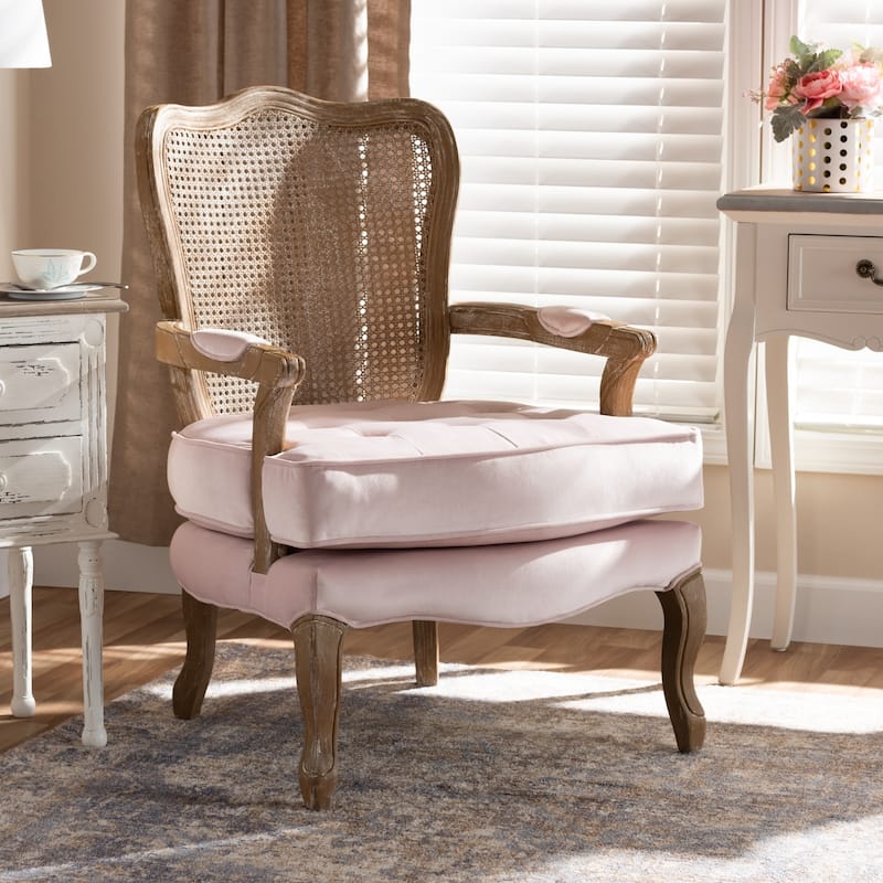 Copper Grove Znamianka Velvet Chair with Geometric Cut-out Wicker Back and Padded Armrests